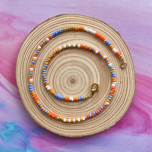 Hand Crafted Jewelry - Beaded summer colourful necklace with multicoloured and gold seed beads